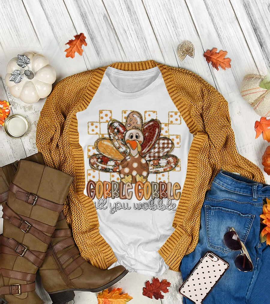 Floral Turkey Gobble Gobble Till You Wobble Thanksgiving 2025 T-Shirt