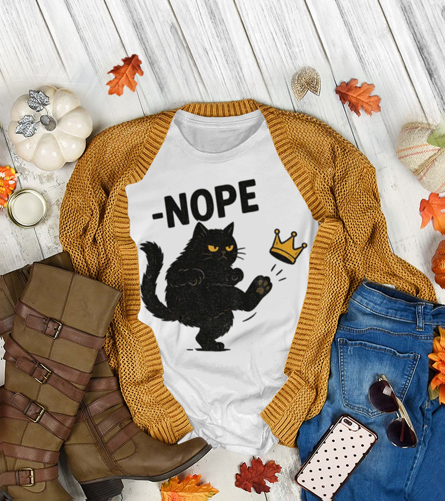Nope Black Cat Kicking Crown Anti-Trump No Kings in America T-Shirt