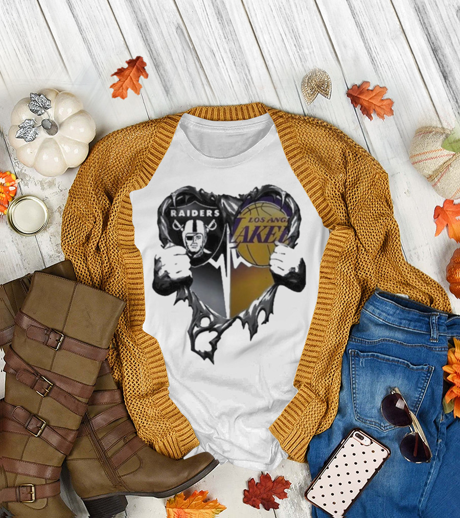 Las Vegas Raiders Los Angeles Lakers Heart Design T-Shirt