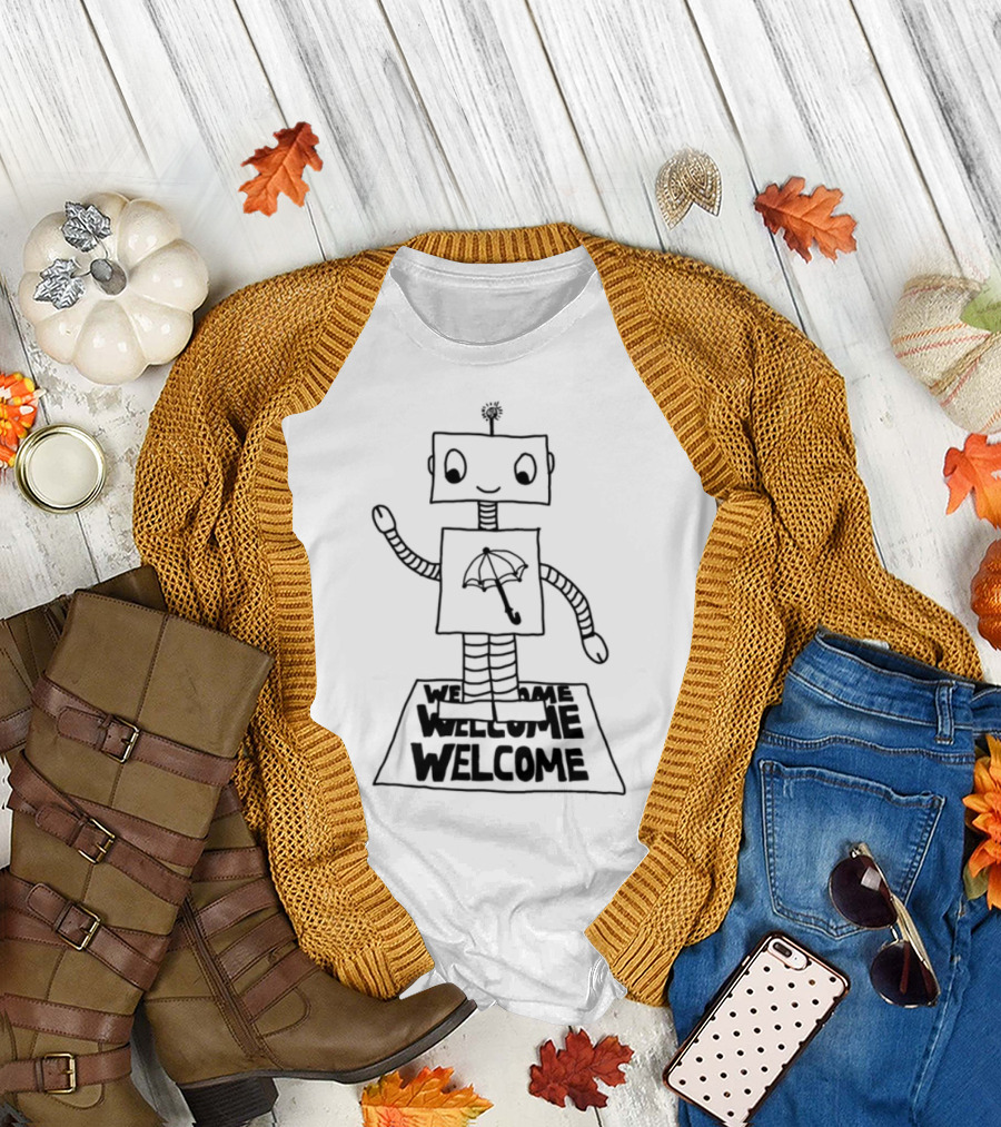 Robot Welcome Friendly Waving with Umbrella T-Shirt