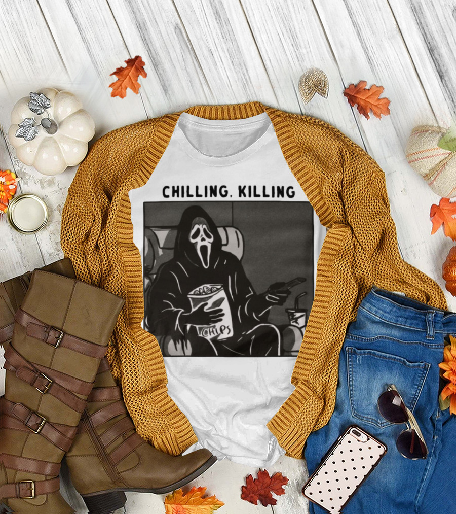 Ghost Face Chips Chilling Killing Movie Night Vibes T-Shirt