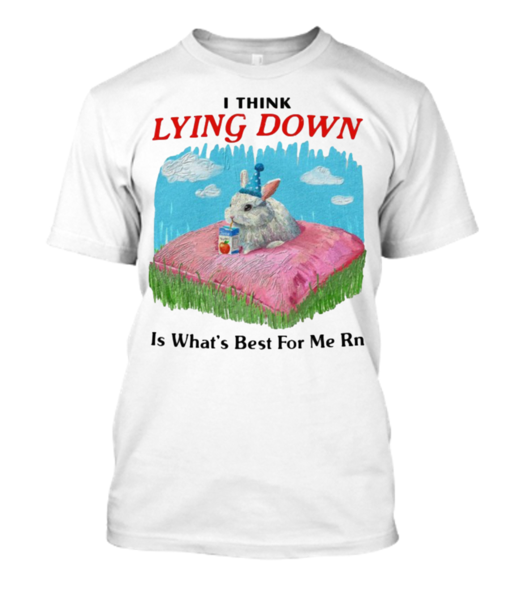 I Think Lying Down Bunny With Party Hat And Juice Box Pillow Clouds T-Shirt