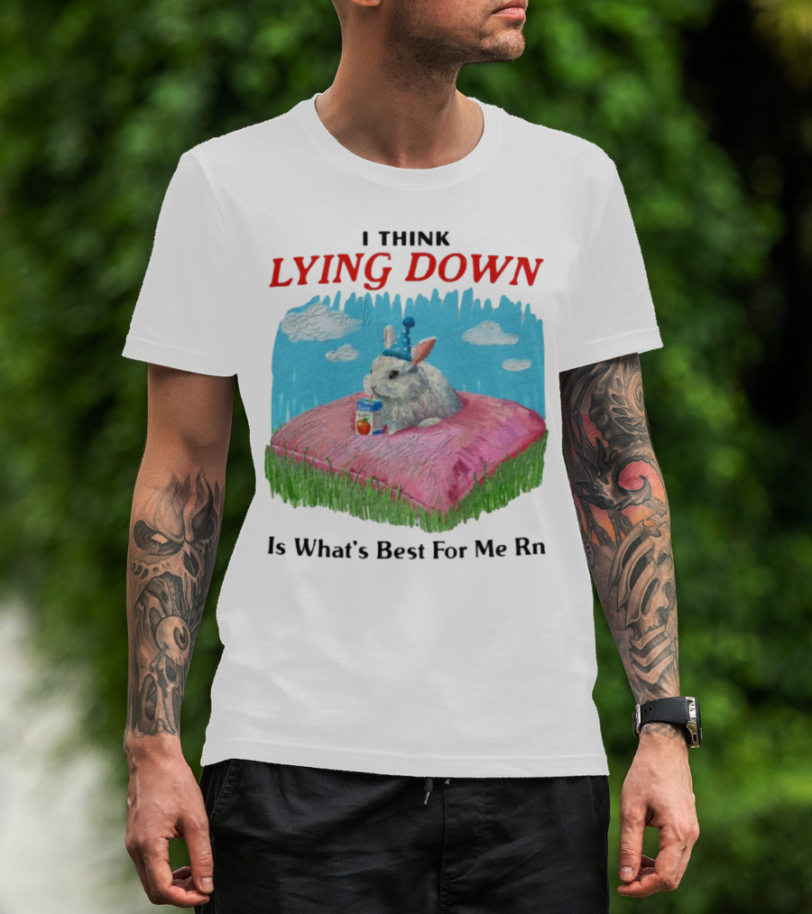 I Think Lying Down Bunny With Party Hat And Juice Box Pillow Clouds T-Shirt