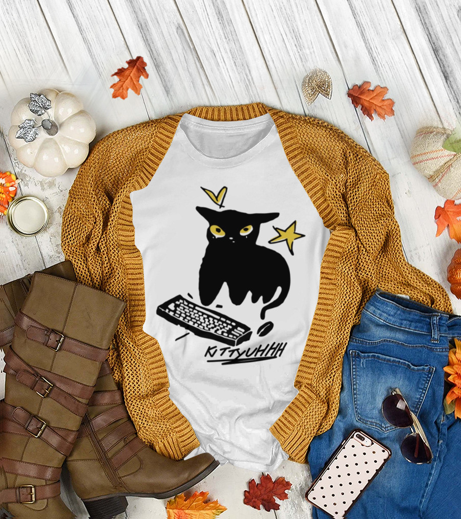 Kittyuhhh Cat at Keyboard with Yellow Eyes and Stars T-Shirt