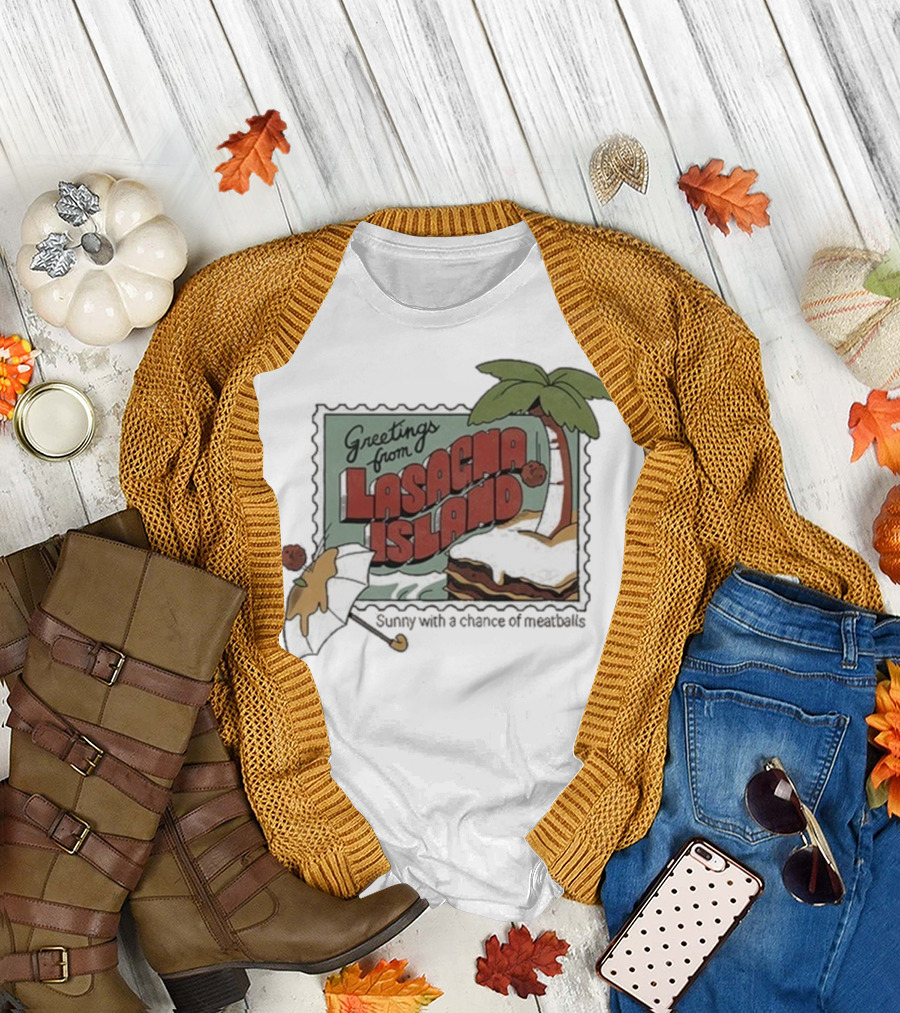 Greetings From Lasagna Island Sunny With A Chance Of Meatballs Palm Tree Umbrella Scene T-Shirt
