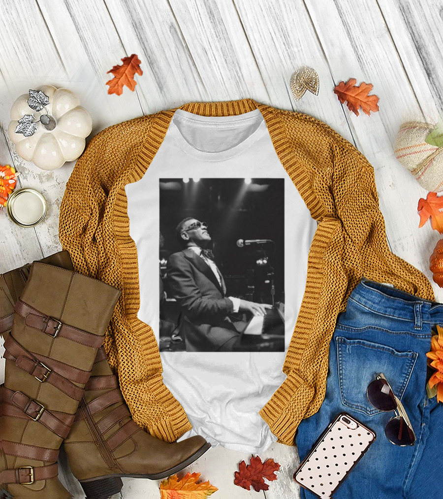 Ray Charles Live on Stage at the Piano in Black and White T-Shirt