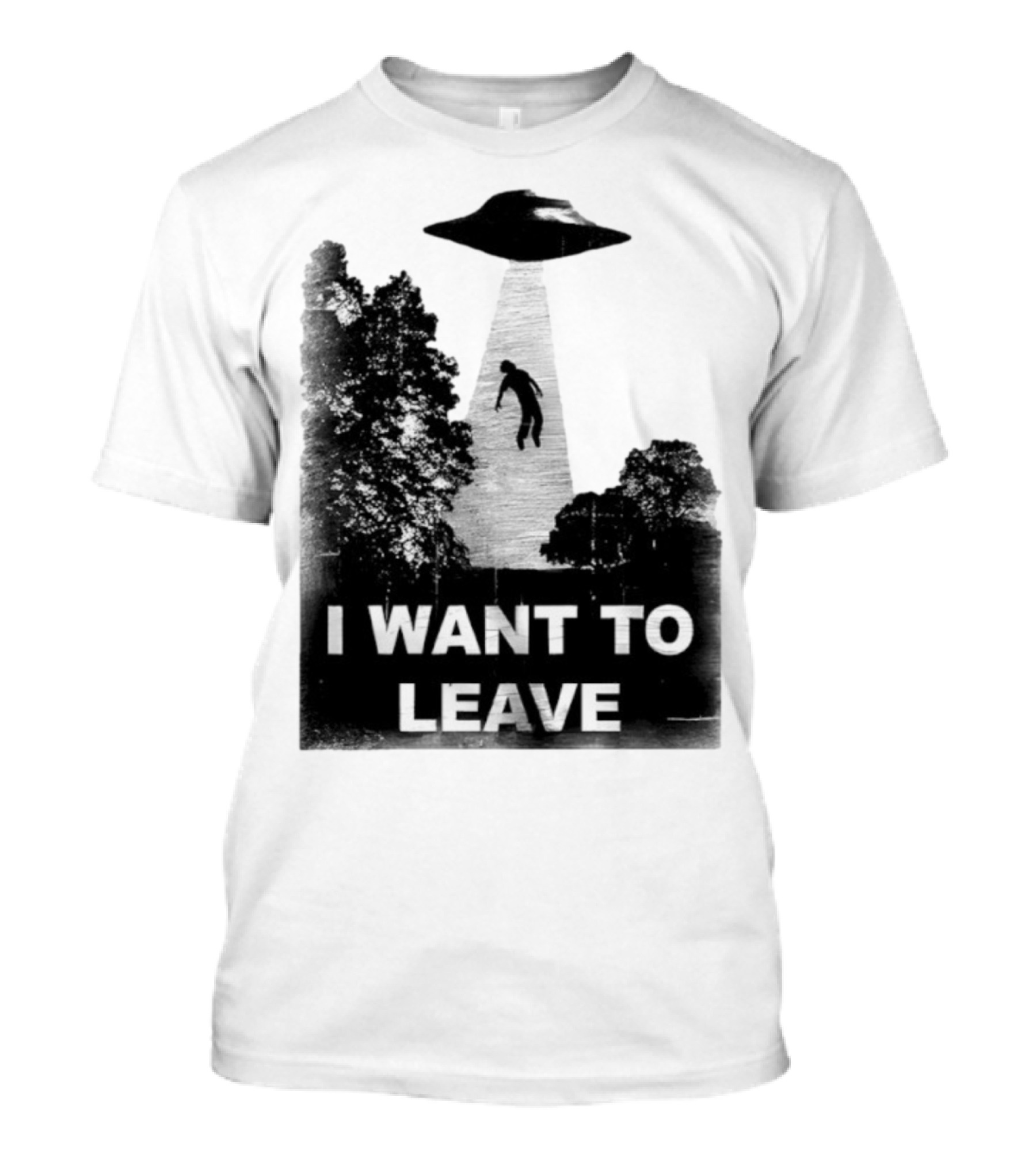 I Want To Leave UFO Abduction Scene Black And White Design T-Shirt