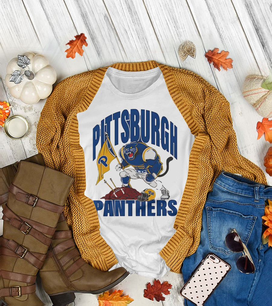 Pittsburgh Panthers Pitt Mascot Planting Flag Football Helmet T-Shirt