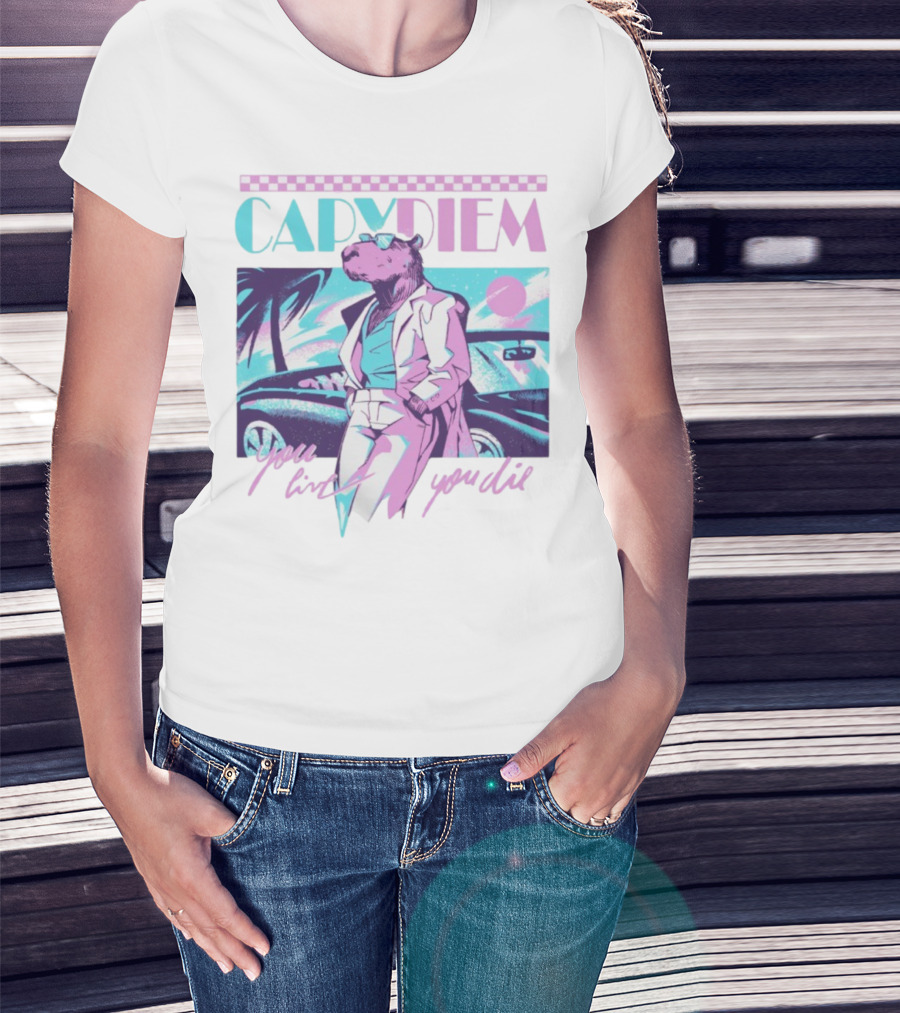 Capydiem Retro Cool Capybara You Live You Die 80s Aesthetic T-Shirt