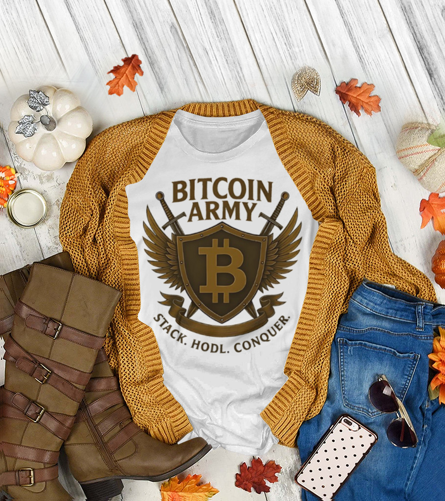 Bitcoin Army Shield Stack Hodl Conquer Crypto Warriors T-Shirt