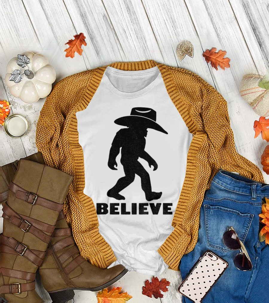 Believe Bigfoot Cowboy Hat Western Myth Legend T-Shirt