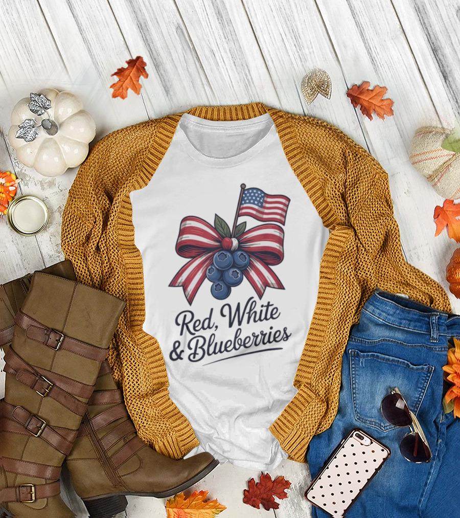 Red White Blueberries American Flag Bow T-Shirt