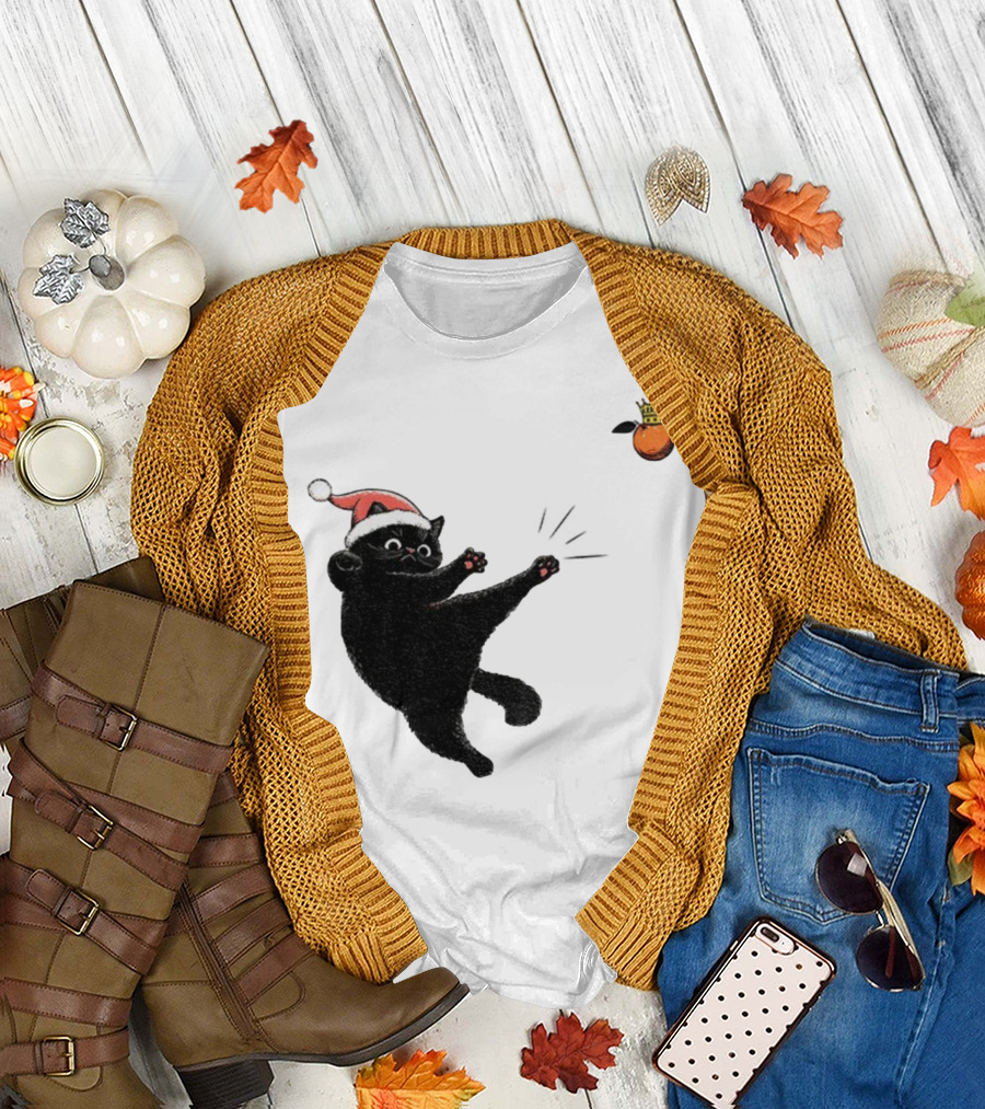 Black Cat Santa Hat Kicking Crowned Orange No Kings Christmas Anti-Trump T-Shirt