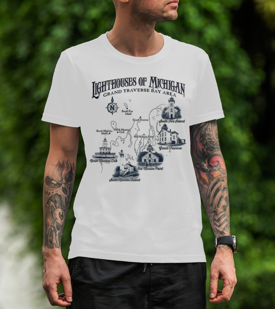 Lighthouses Of Michigan Grand Traverse Bay Area White Shoal South Fox Island Old Mission Grand Traverse South Manitou Northport T-Shirt