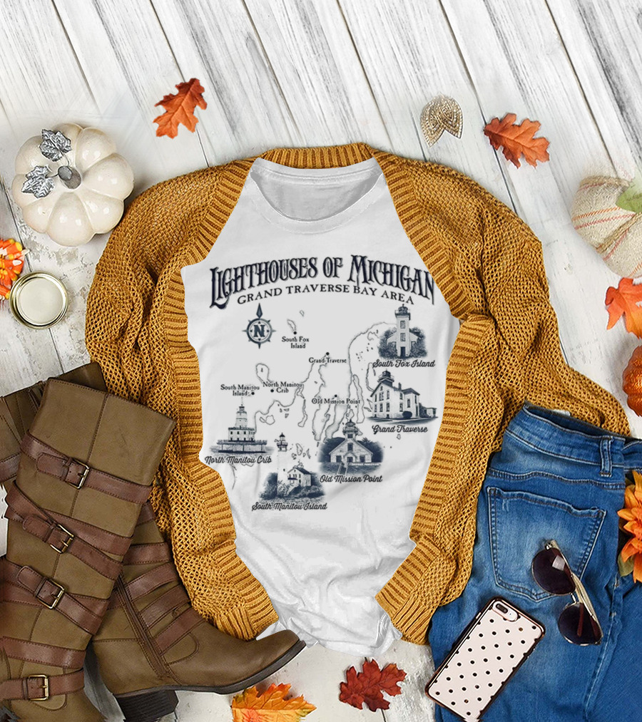 Lighthouses of Michigan Grand Traverse Bay Area White Shoal South Fox Island Old Mission Grand Traverse South Manitou Northport T-Shirt