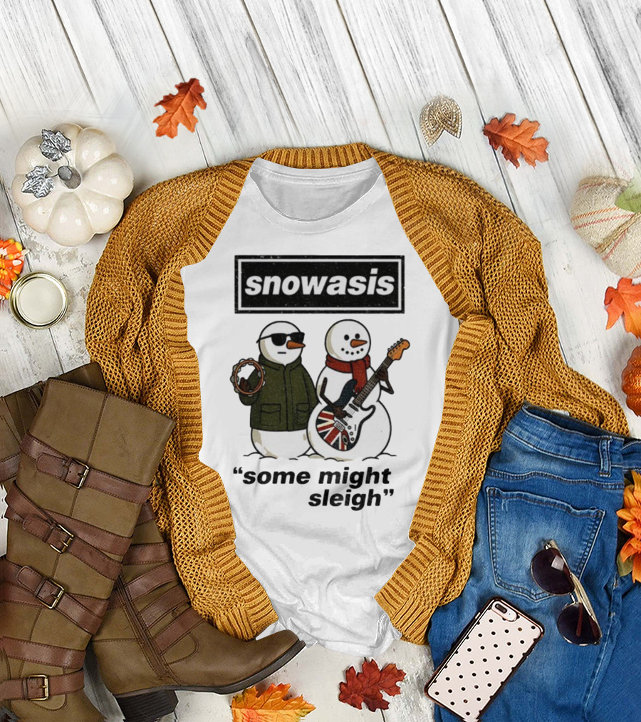 Snowasis Some Might Sleigh Christmas Snowmen with Guitars and Tambourine T-Shirt
