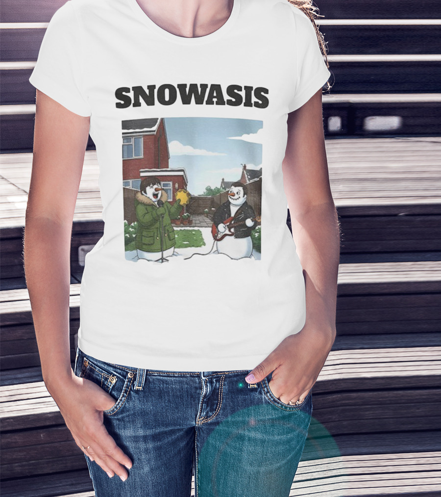 Snowasis Snowman Winter Oasis Vintage Guitar Tambourine Scene T-Shirt