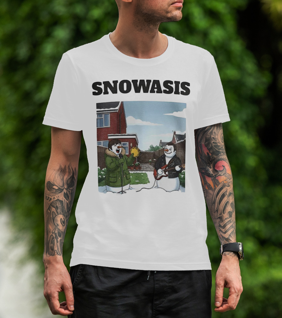 Snowasis Snowman Winter Oasis Vintage Guitar Tambourine Scene T-Shirt