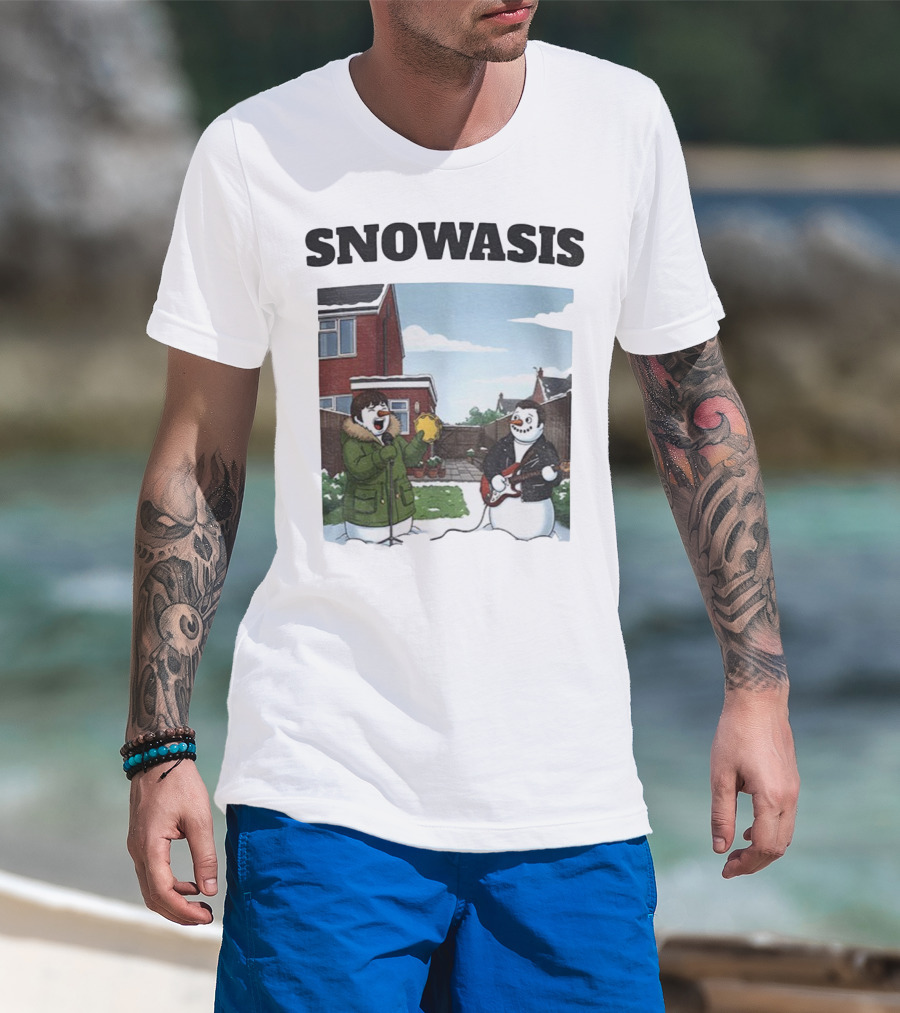 Snowasis Snowman Winter Oasis Vintage Guitar Tambourine Scene T-Shirt
