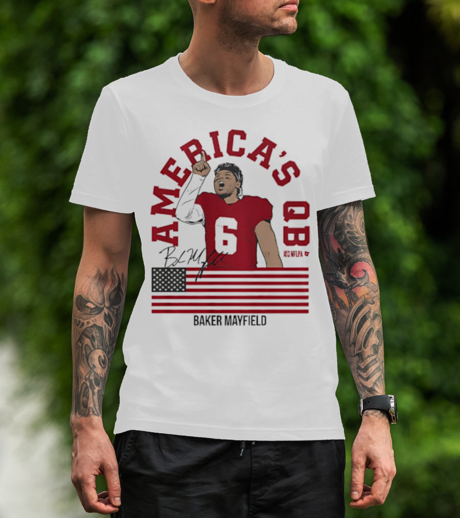 Baker Mayfield America's QB Number 6 USA Flag Signature T-Shirt