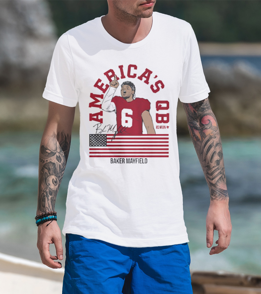Baker Mayfield America's QB Number 6 USA Flag Signature T-Shirt