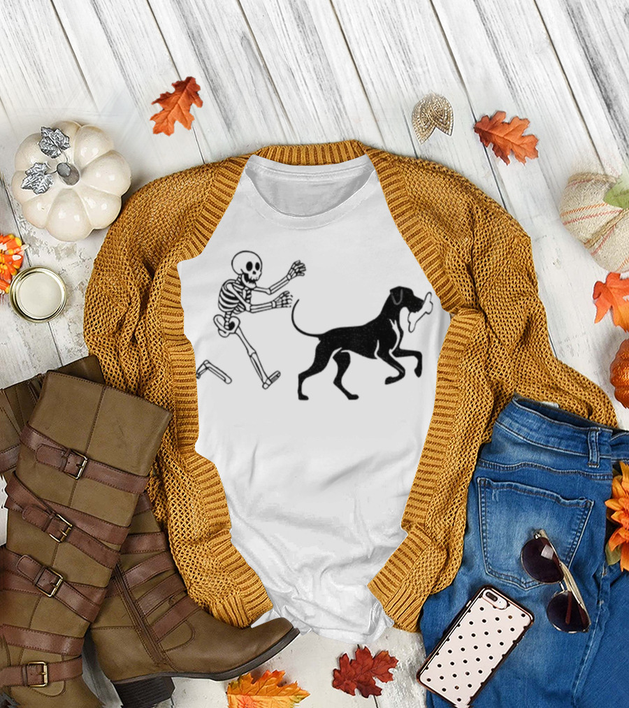 Skeleton Chasing Dog with Bone Funny Meme Halloween T-Shirt