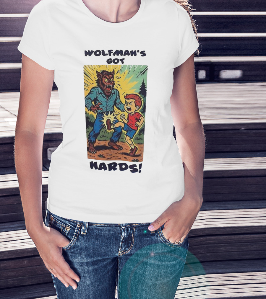 Wolfman’s Got Nards Vintage Comic Style Kid Kicking Wolfman T-Shirt