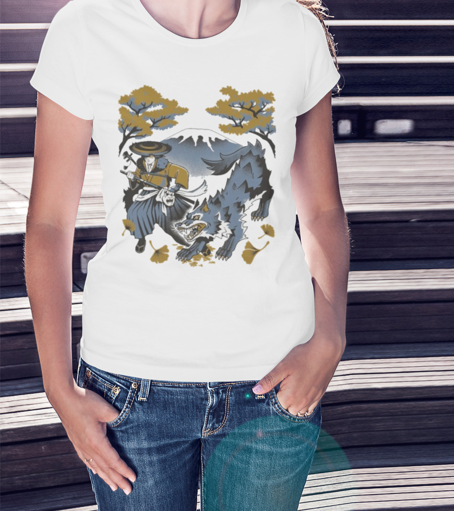 Ghost Of Yotei The Hunters Ukiyo-e Warrior With Wolf Mythical Scene T-Shirt
