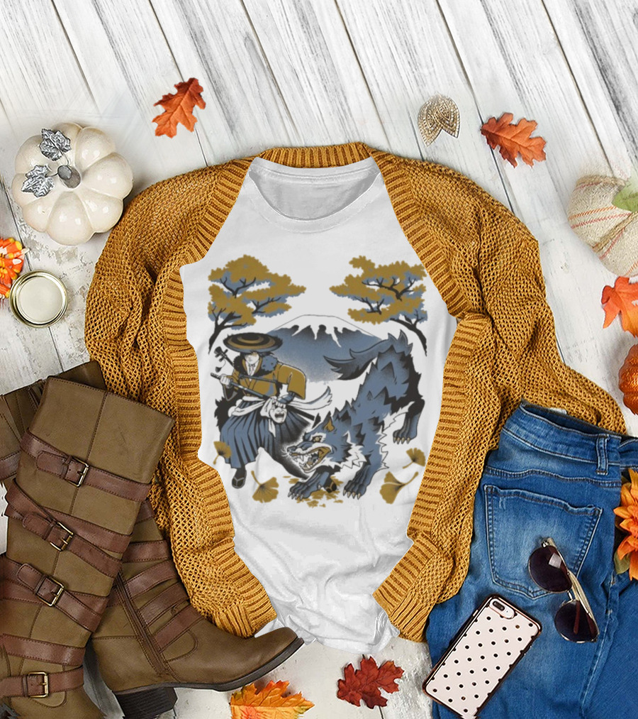 Ghost Of Yotei The Hunters Ukiyo-e Warrior With Wolf Mythical Scene T-Shirt