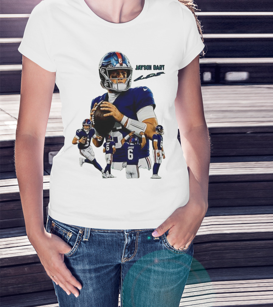 Jaxson Dart New York Giants NFL Football Signature Quarterback Action T-Shirt