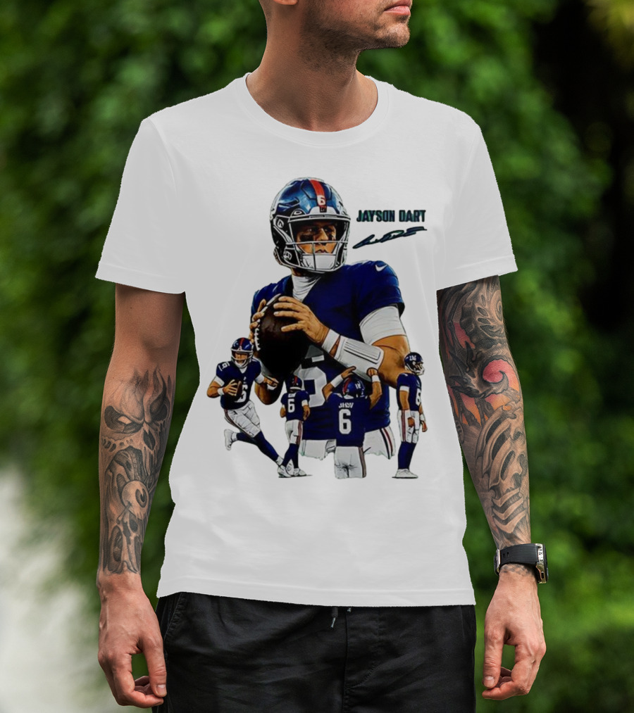 Jaxson Dart New York Giants NFL Football Signature Quarterback Action T-Shirt