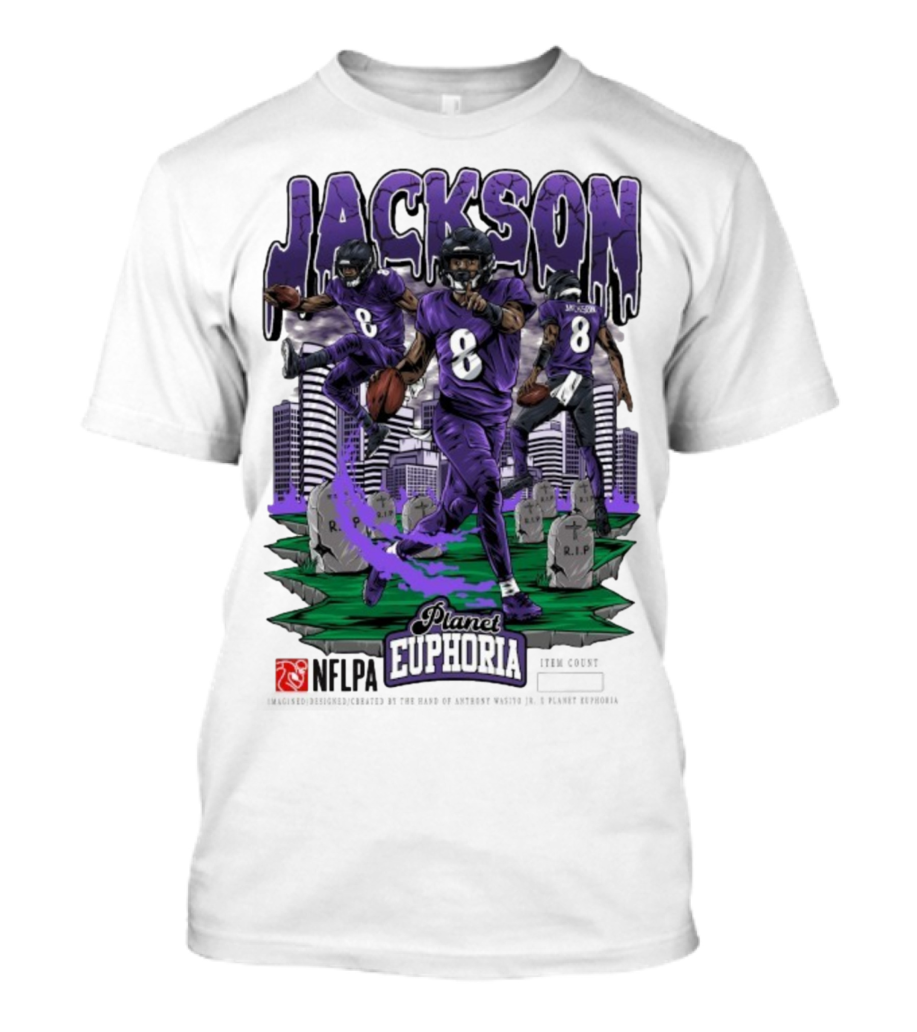Lamar Jackson NFLPA Planet Euphoria Purple Football Action T-Shirt