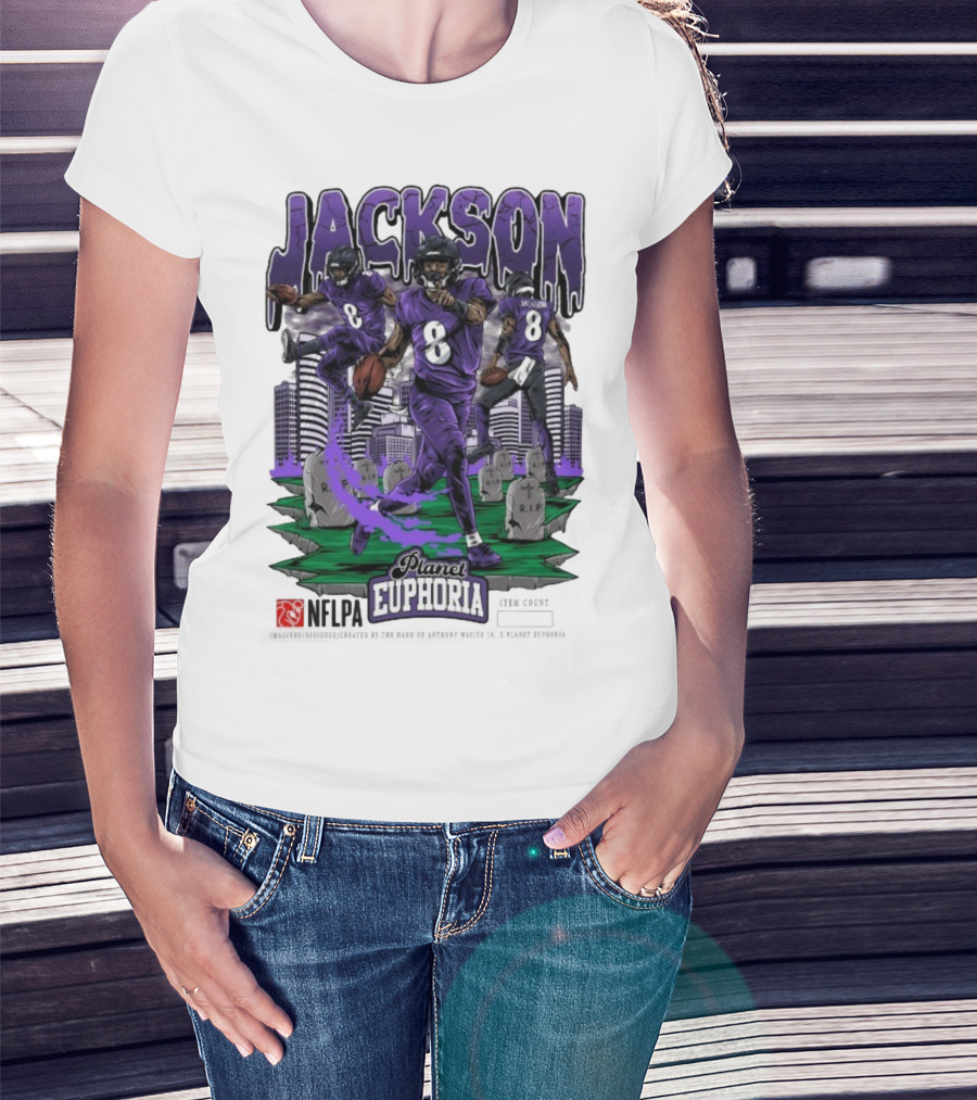 Lamar Jackson NFLPA Planet Euphoria Purple Football Action T-Shirt