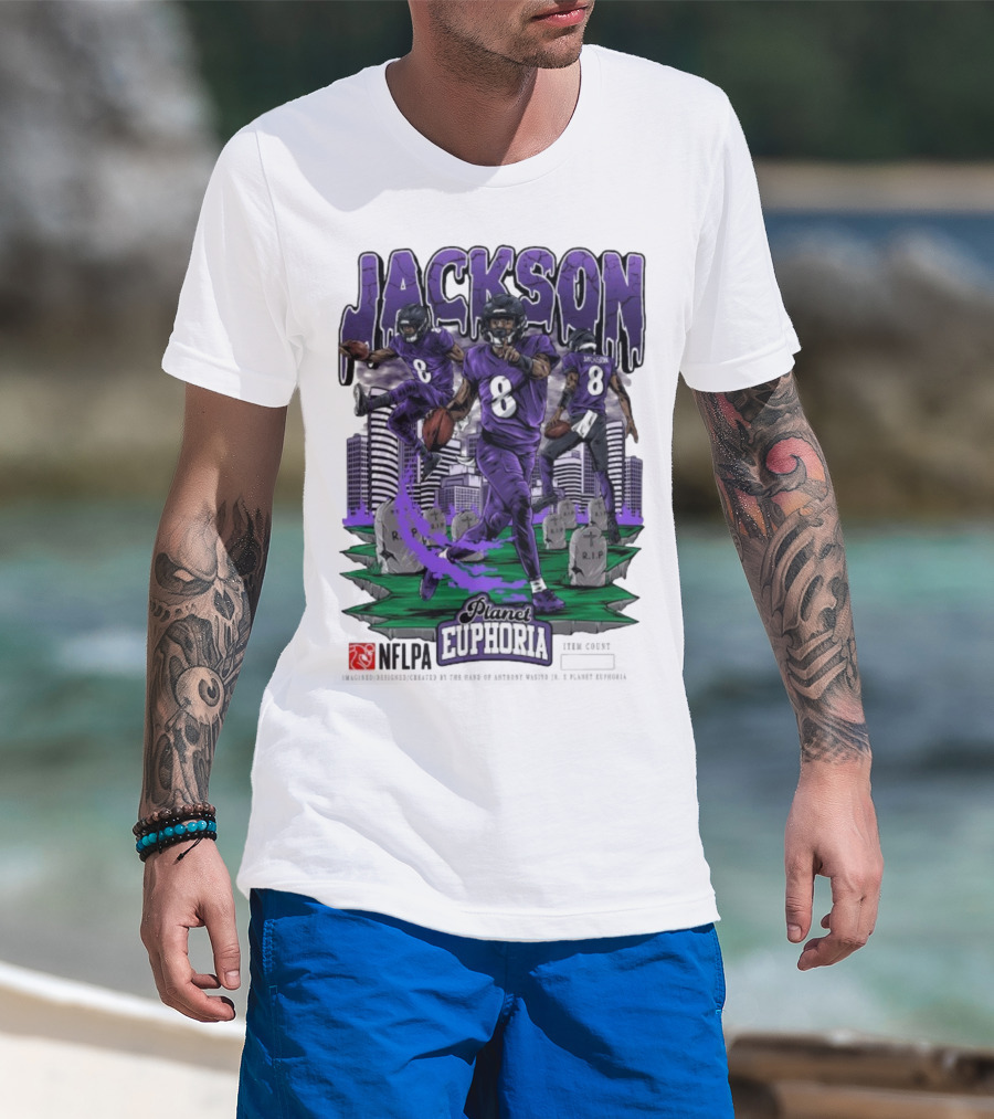 Lamar Jackson NFLPA Planet Euphoria Purple Football Action T-Shirt