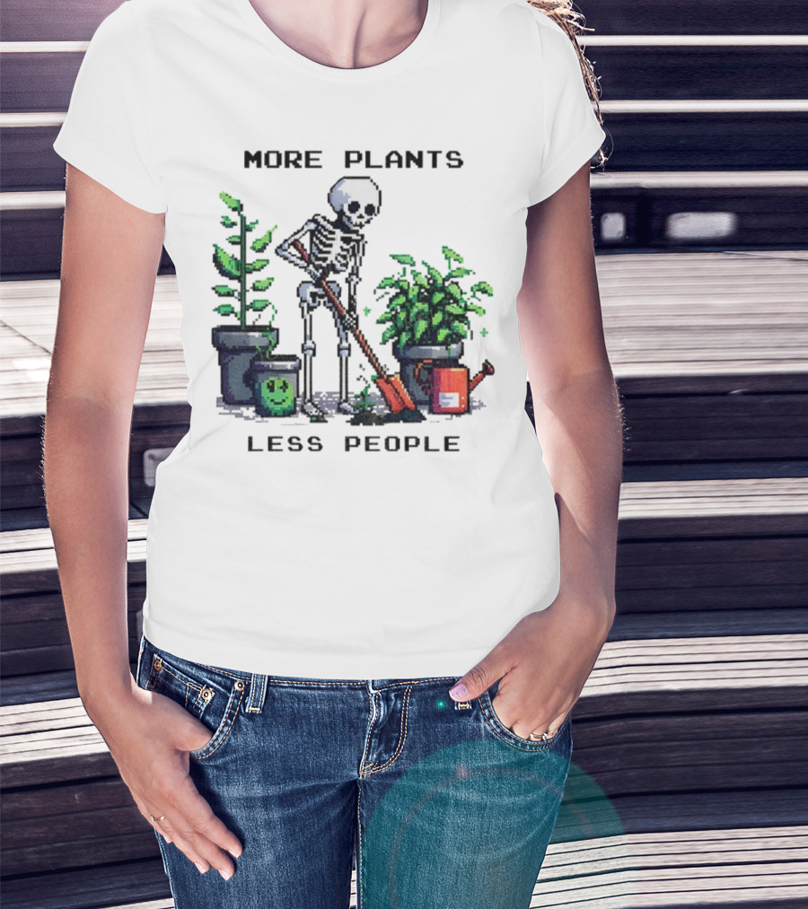 Skeleton Gardening More Plants Less People Pixel Art T-Shirt
