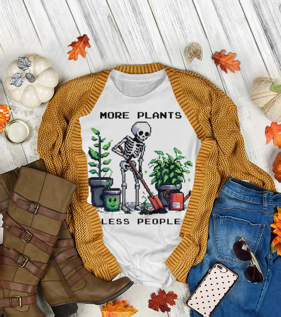 Skeleton Gardening More Plants Less People Pixel Art T-Shirt