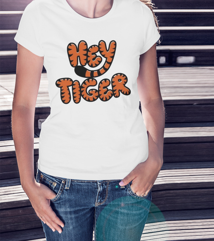Cincinnati Bengals Hey Tiger Striped Bubble Letter Tiger Tail Pattern T-Shirt