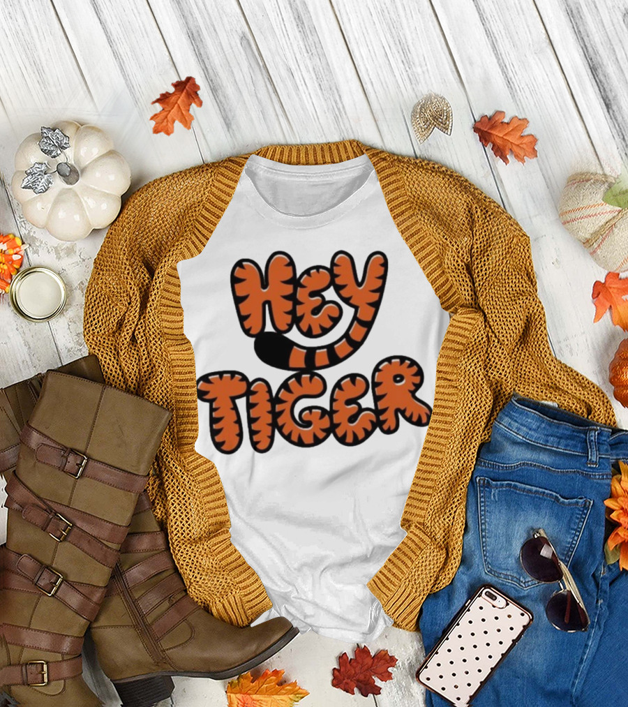 Cincinnati Bengals Hey Tiger Striped Bubble Letter Tiger Tail Pattern T-Shirt