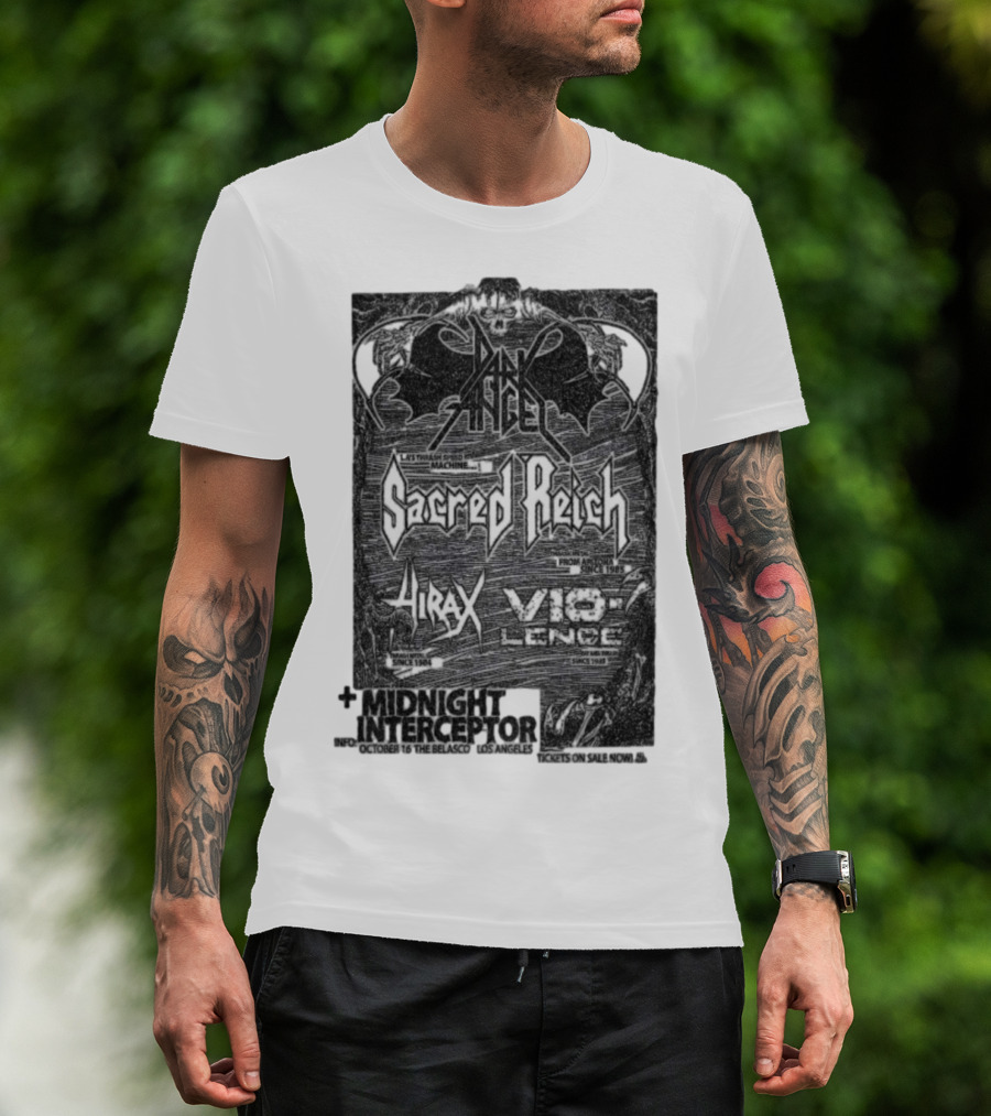 Dark Angel Sacred Reich Hirax Vio-Lence Midnight Interceptor The Belasco Los Angeles October 16 2025 T-Shirt