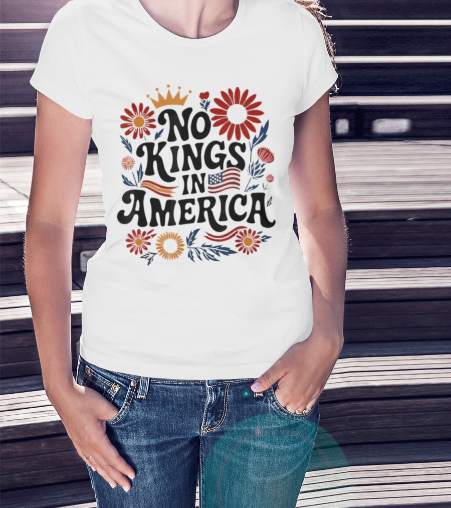 No King In America Floral American Flag 4th Of July No Kings T-Shirt
