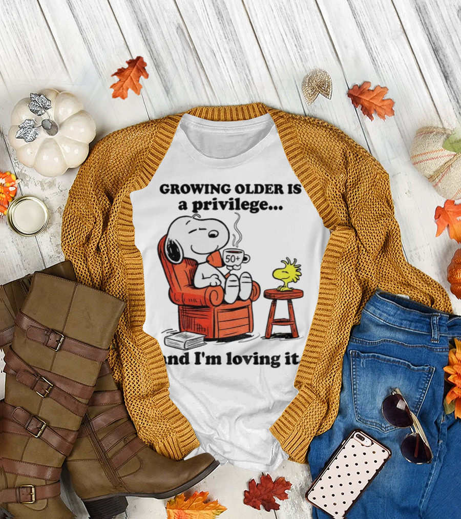 Snoopy and Woodstock Relaxing Growing Older 50+ Privilege and Loving It T-Shirt
