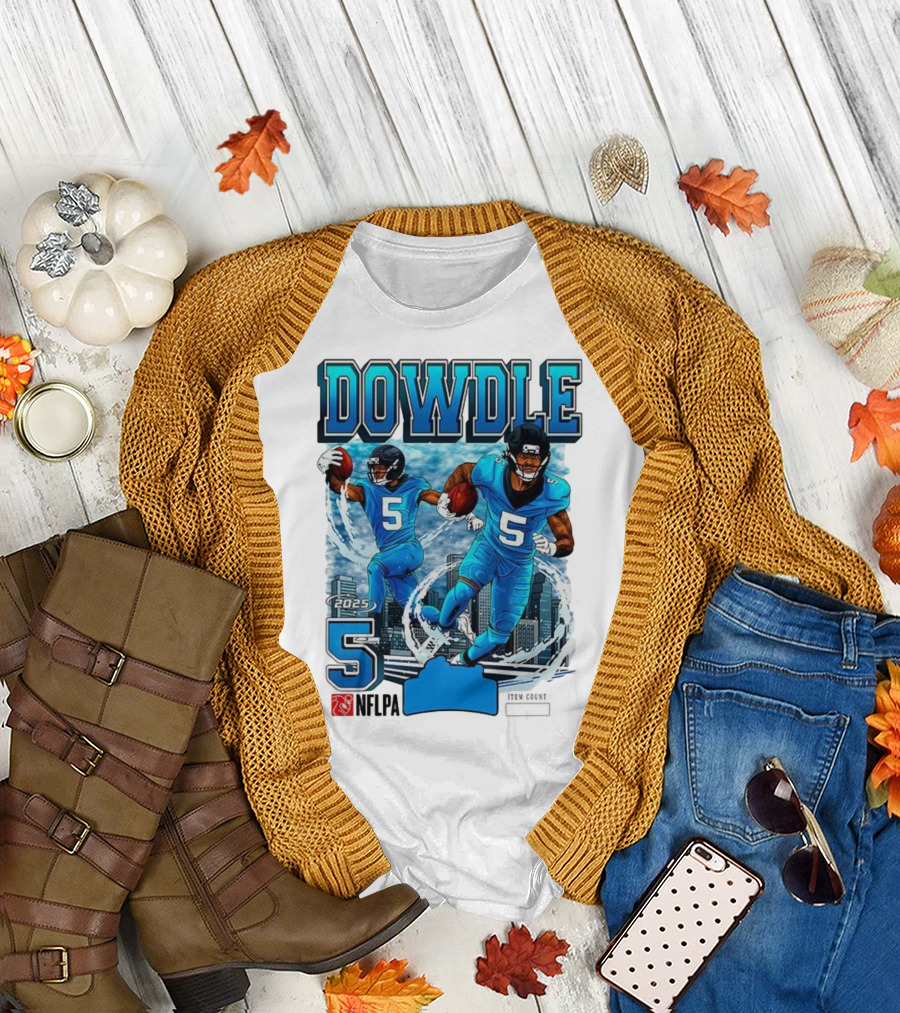 Rico Dowdle Carolina Panthers 2025 Number 5 Skyline NFLPA T-Shirt