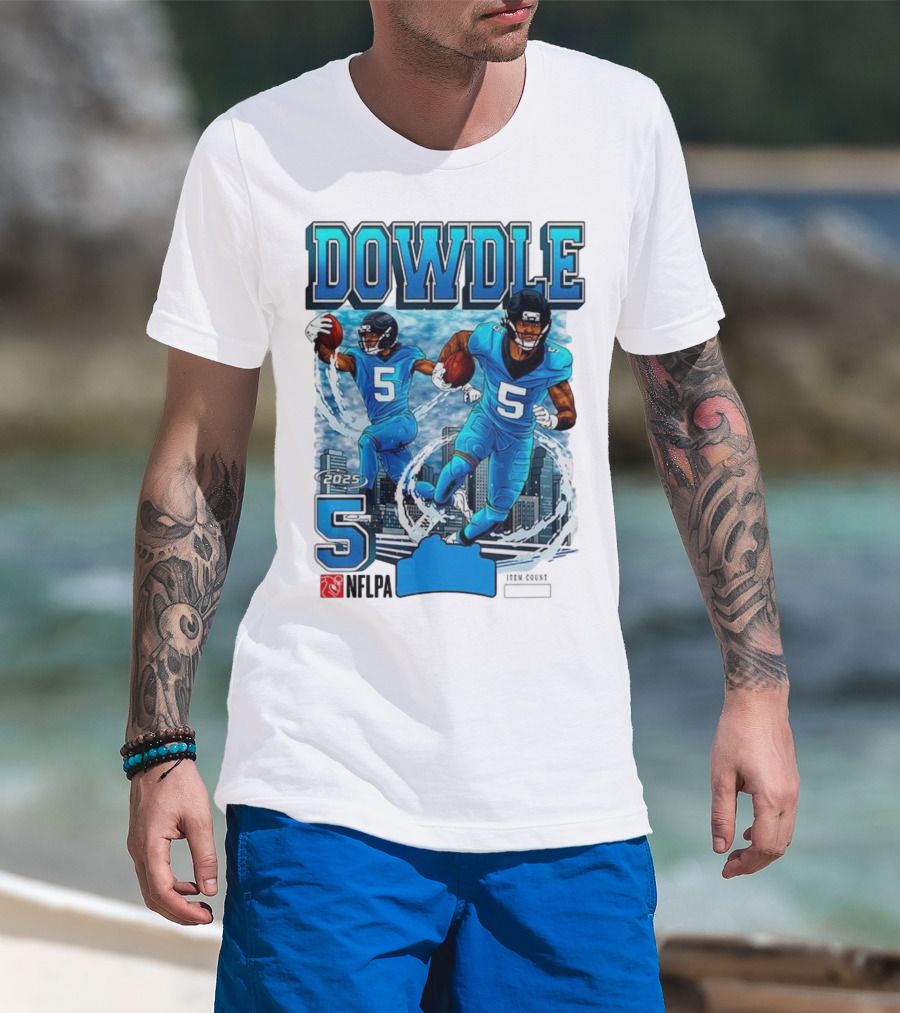 Rico Dowdle Carolina Panthers 2025 Number 5 Skyline NFLPA T-Shirt