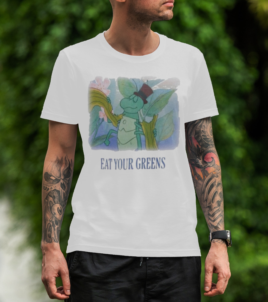 Eat Your Greens Cartoon Grasshopper Top Hat Celery Art T-Shirt