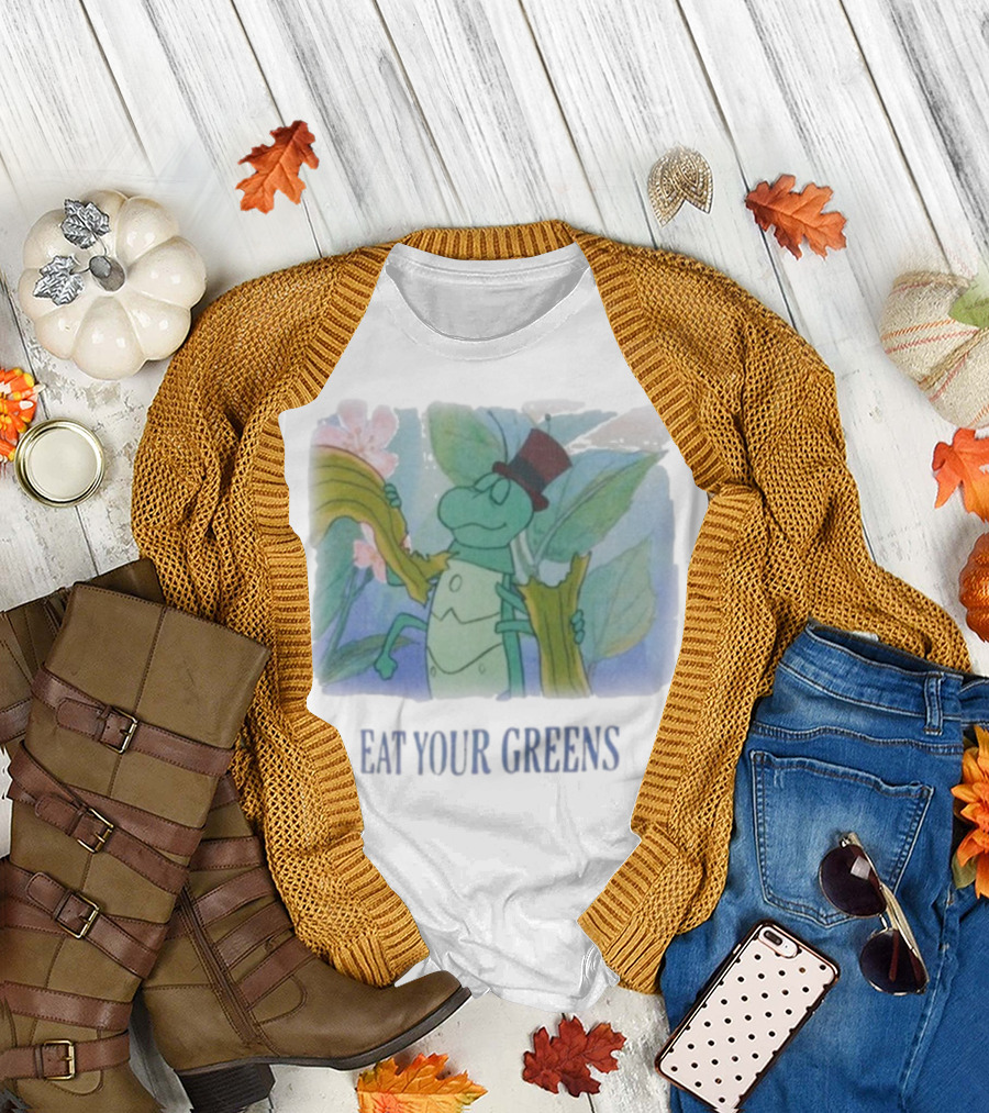 Eat Your Greens Cartoon Grasshopper Top Hat Celery Art T-Shirt