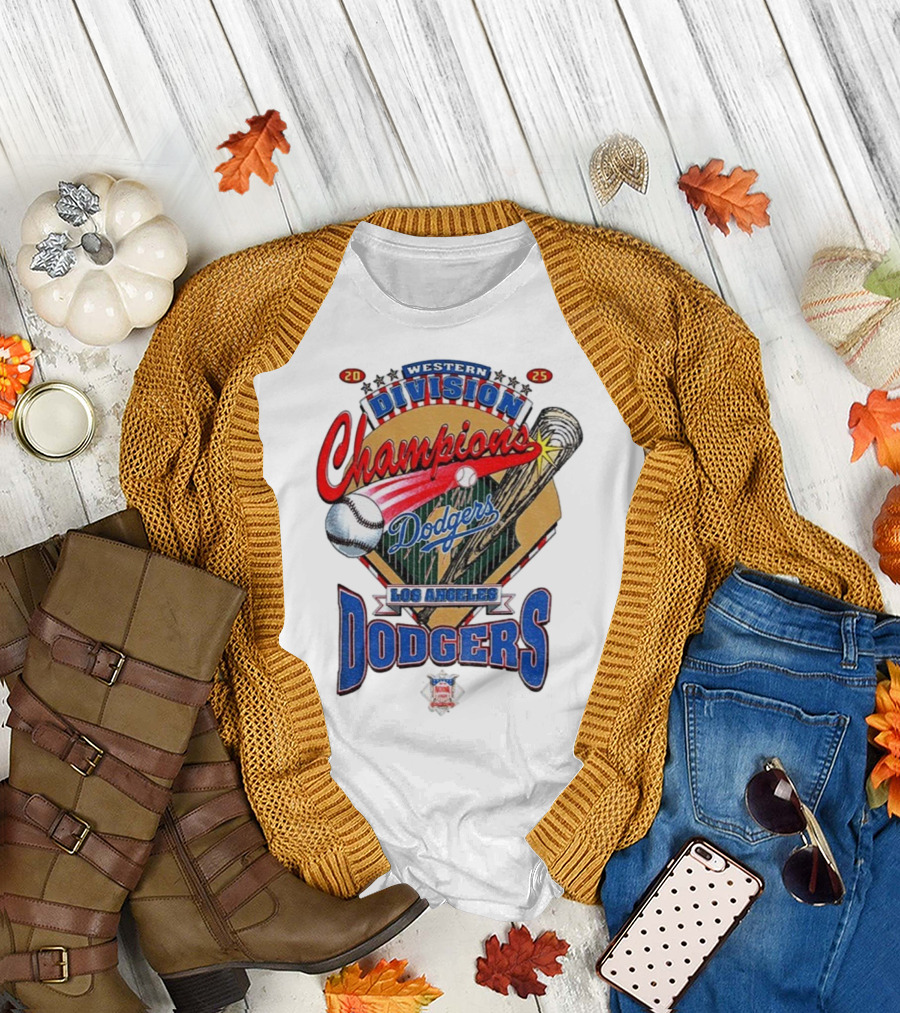 Los Angeles Dodgers 2025 Western Division Champions Baseball Bat and Ball T-Shirt