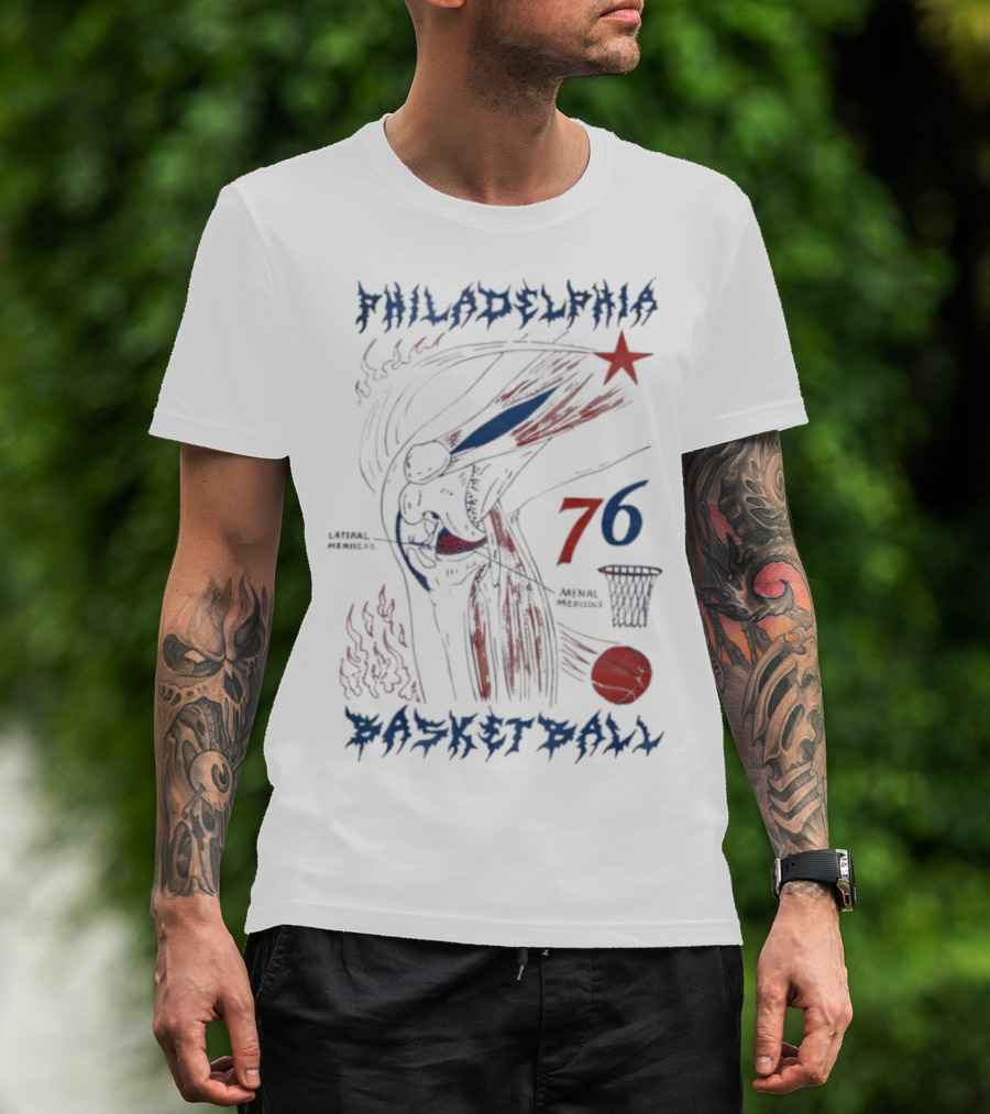 Philadelphia Basketball Red Blue Artistic 76 Star Knee Sketch T-Shirt