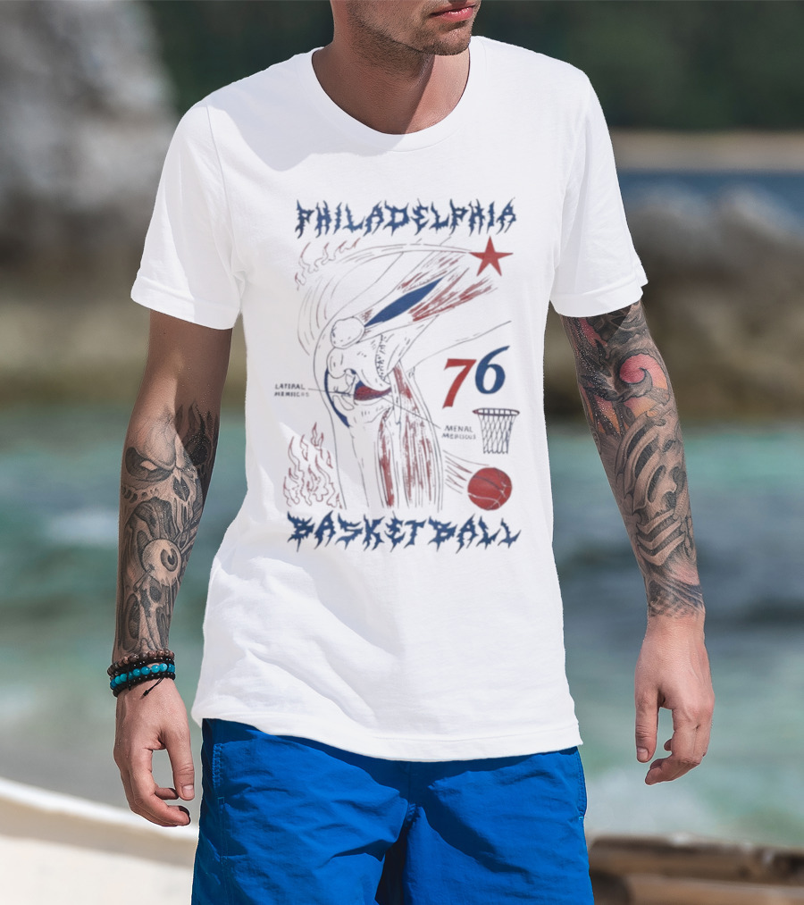 Philadelphia Basketball Red Blue Artistic 76 Star Knee Sketch T-Shirt