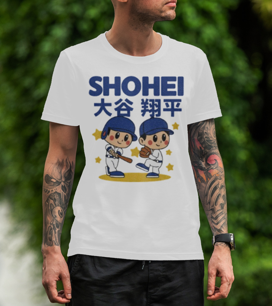 Shohei Ohtani Cartoon Baseball MLB Anime Style Kanji Stars T-Shirt