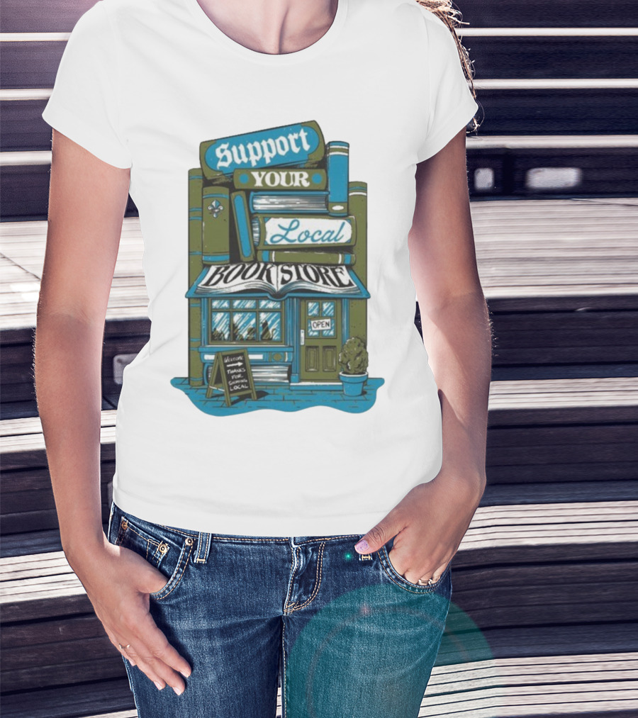 Support Your Local Bookstore Open Vintage Bookshelf Design T-Shirt